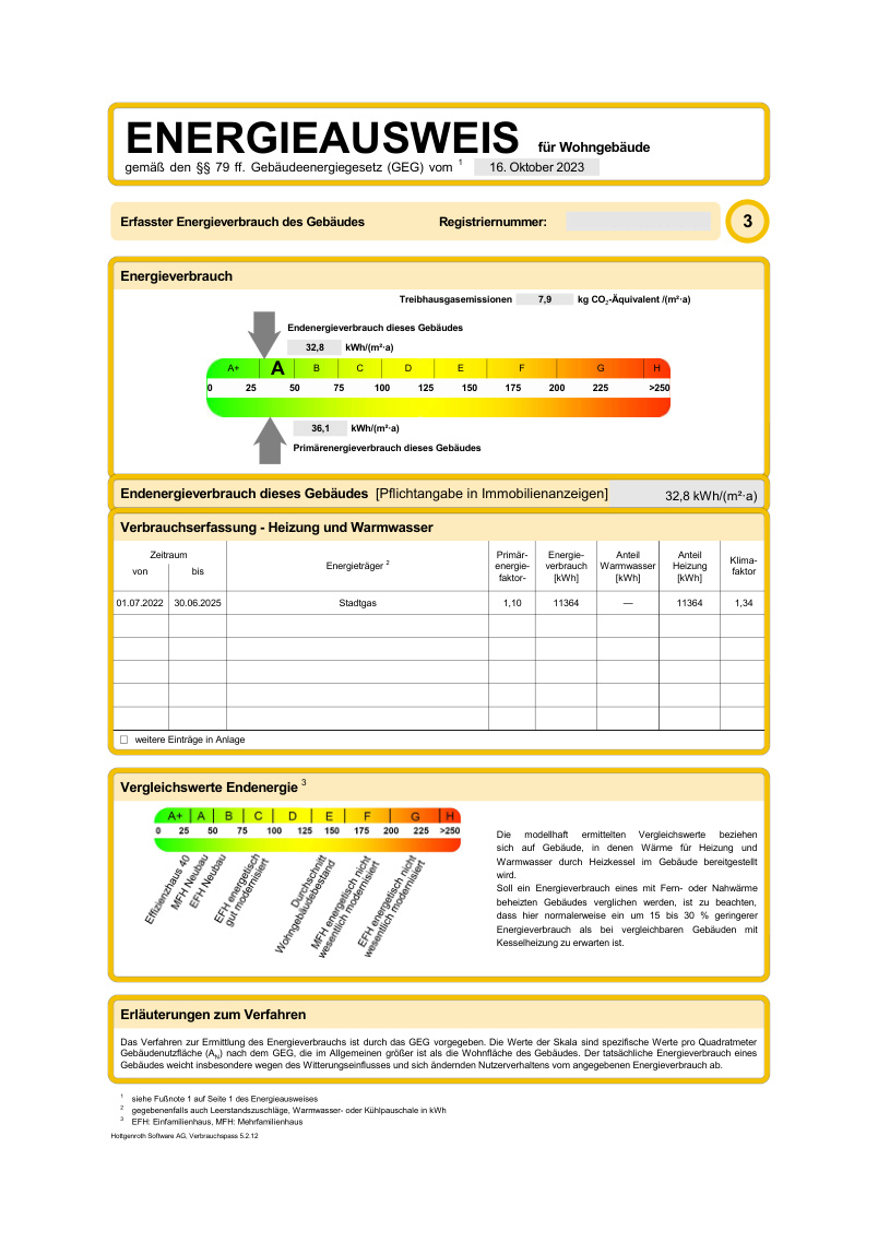 Muster eines Verbrauchsausweises mit Energieverbrauchsskala